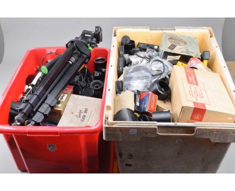 Three Boxes of Camera Accessories, including, flash units, filters, light meters, hoods, caps, tubes, converters, brackets, 1
