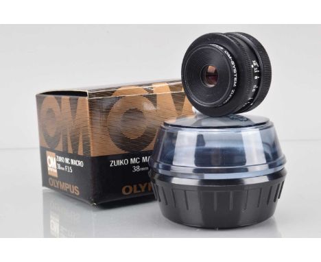 An Olympus Zuiko MC Macro 38mm f/3.5 Lens, barrel VG, elements VG, in bubble, with manual, in makers box