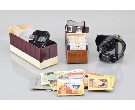 View-Master Viewers and Reels, a model C & a model E, G, with a View Master Junior projector, aal G and numerous  View Master