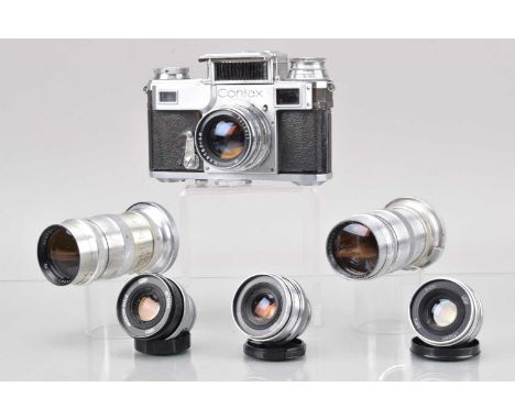 A Zeiss Ikon Contax III Camera and Soviet Lenses, shutter not working, light cell unresponsive, body F-G, with Jupiter-8M 50m