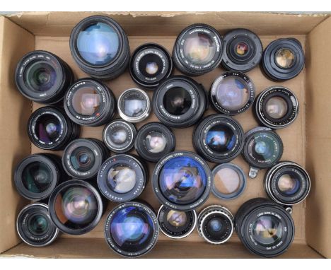A Tray of Various Lenses, various mounts, AF & manual focus, zoom & prime, manufacturers include Nikon, Lumix, Soligor, Sigam