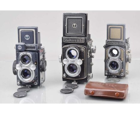 Three Yashica TLR Cameras, a Yashica 635, shutter working, body G, elements F-G, 44 LM, shutter working, light cell responsiv
