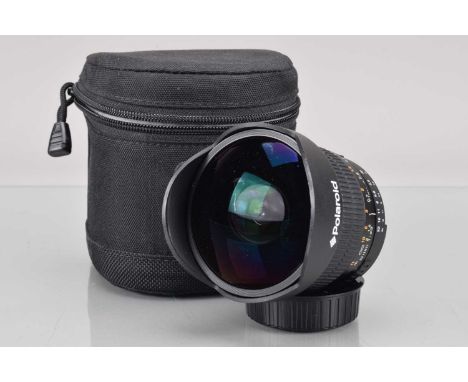 A Polaroid  8mm f/3.5 Fish Eye CS Lens, Nikon F mount, barrel G-VG, elements G-VG, with rear cap, in Lowe Pro lens case
