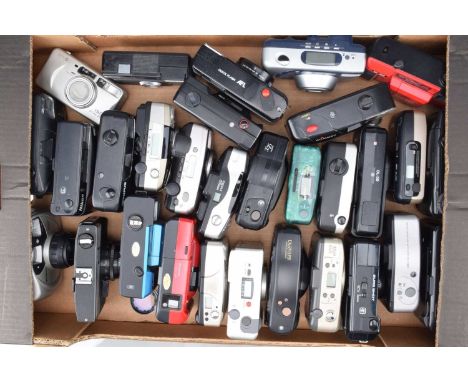 A Tray of Compact Cameras, manufacturers include Pentax, Olympus, Nikon, Canon, Franka, Vivitar and other examples, all untes