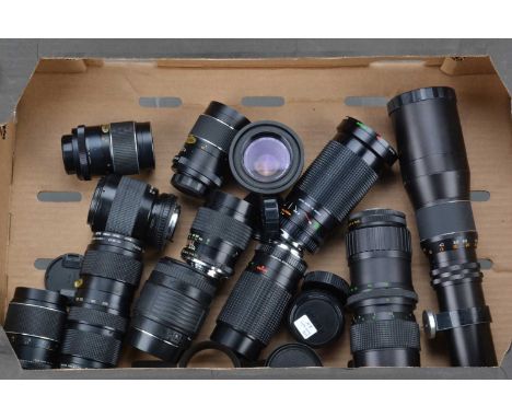 A Tray of Various Lenses, prime & zoom lenses, various mounts, including a Ricoh 50mm f/2, Minolta 50mm f/1.7. Prinzflex 135m