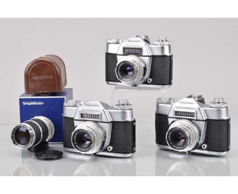 Three Voigtländer Bessamatic SLR Cameras, shutters working, light cells responsive, bodies F-G, all with Color Skoper X 50mm 