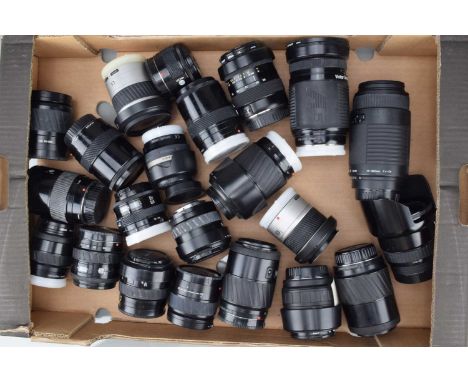 A Tray of AF Minolta Lenses, various focal lengths, all untested, with a group of for Minolta AF lenses, overall G