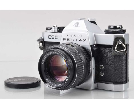 An Asahi Pentax ES II SLR Camera, chrome, shutter working, meter responsive, camera responsive in auto, self timer working, b
