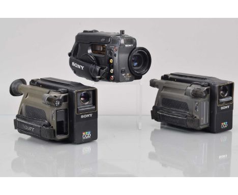 Sony Camcorders, a Sony CCD-TR805E, CCD-M8E-K, in makers box and a CCD-M8E, with various batteries/chargers, all untested