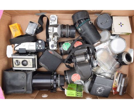A Tray of Camera Related Items, including a Prinzflex M-1 SLR camera, shutter working, self timer working, with 55mm f/1.7 le