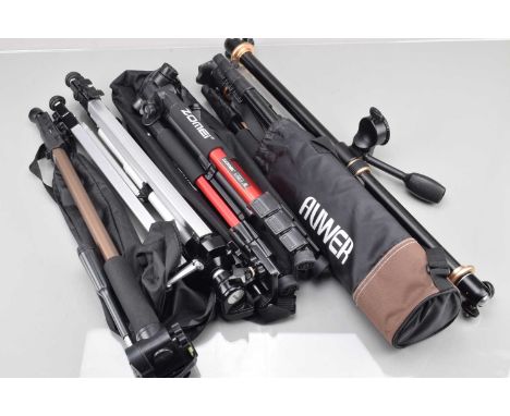 A Group of Tripods, including an Auwer compact tripod, in case, with boom, Zomei Q111, VG, Hama monopod, small monopod and a 