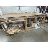 Timber bench, vice, misc. fixings, low steel cupboard and a filing cabinet