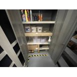 Large steel 2 door cupboard and misc. cleaning materials
