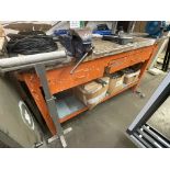 Wooden bench and vice, 2 steel cupboards, fabrication components and steel trolley