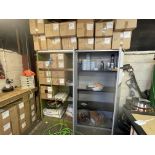 Steel 2 door cupboard and 37 boxes misc. plastic packers