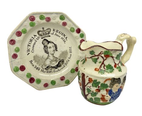 Pearlware Victoria Regina commemorative coronation nursery plate, c1838, of octagonal form decorated with portrait of Queen V