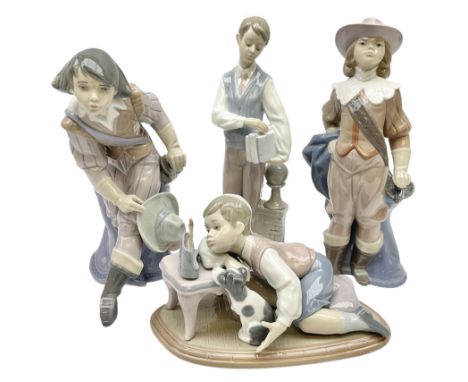 Four Lladro figures, comprising Musketeers Aramis no 6199 and Athos no 6121, together with Hanukkah Light no 6027 and Hebrew 