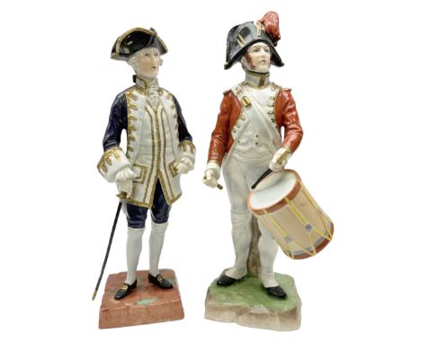 Two Napoleonic Dresden figures, comprising Admiral 1757 example donning blue coat and sword to his side with gilding througho