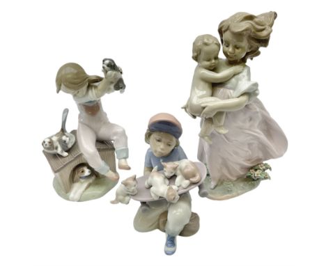 Three Lladro figures, comprising Playing Mom no 6681, Little Riders no 7623 and Pick of the Litter no 7621, all with original