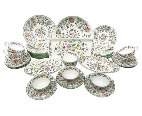 Minton Haddon Hall pattern tea wares, to include eight teacups and saucers, eight dessert plates, cake plate, eight side plat