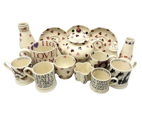 Collection of Emma Bridgewater spongeware ceramics, to include Pink Hearts pattern teapot, milk bottle vase, teacup and sauce