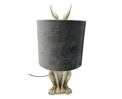 Composite table lamp, modelled as a silver hare with gray velvet shadeDimensions: Height: 48cm  Length/Width: 28cm  Depth/Dia