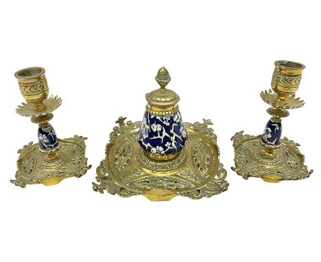 Victorian desk set, comprising an ink stand of square form with pierced and moulded decoration, inset with blue and white cer