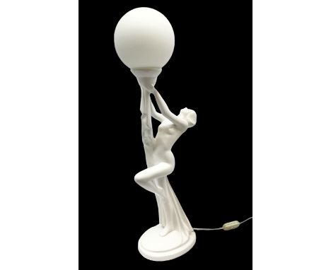 Art Deco style lamp modelled as a nude female dancer supporting white globe shade with draped folds of linen, H62cm