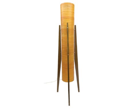 Mid century floor standing rocket lamp, the spun cylindrical orange fibreglass shade supported by three tapering teak legs, H