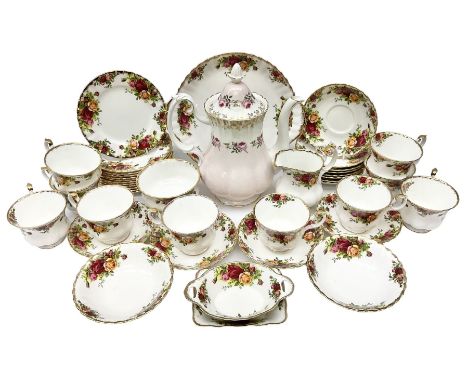 Royal Albert Old Country Roses pattern part tea service, comprising ten teacups, twelve saucers, twelve side plates, milk jug