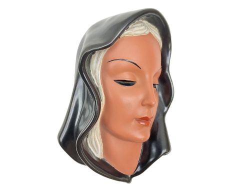 Art Deco Goldscheider terracotta wall mask, modelled as a woman in a black headscarf, model no 7831, with printed mark to bac