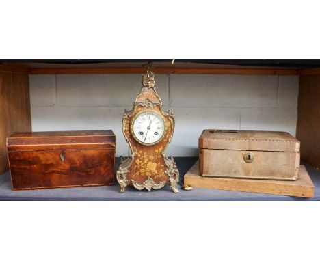 A French Inlaid Gilt Metal Mounted Mantle Clock, Regency caddy, hinged box and contents, etc