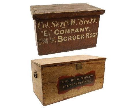 An Early 20th Century Teak Trunk, with dovetailed joints, the fascia painted in colours with a cartouche inscribed SERGT. DRM