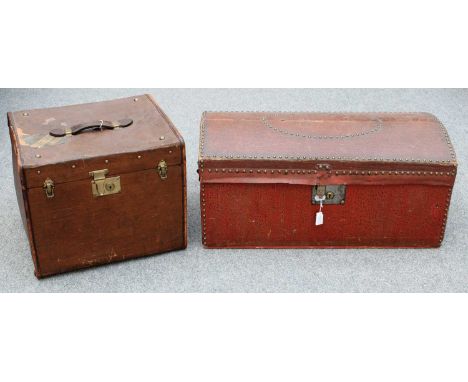 19th Century Studded Domed Trunk, in red leatherette with papered lining and hand written inscription inside 'MDB &amp; CRB X