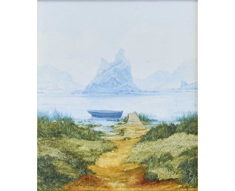 John Ridgewell ARCA (1937-2004)"Steps and Boat"Signed, oil on board, 17.5cm by 14cmNot examined out of the frame. Some genera