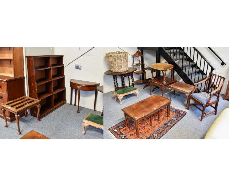 A Group of 19th Century and Later Furniture, comprising a Victorian walnut whatnot, a mahogany demi lune fold over table, a 1