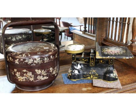 A Japanese Mother of Pearl inlaid Padouk Wood Food Carrier and a pair of black japanned weighing scales (2)