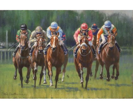 Neil Cawthorne (1936-2022)"Into the Straight"Signed, oil on canvas, 30.5cm by 45.5cm (unframed)In a clean and presentable sta