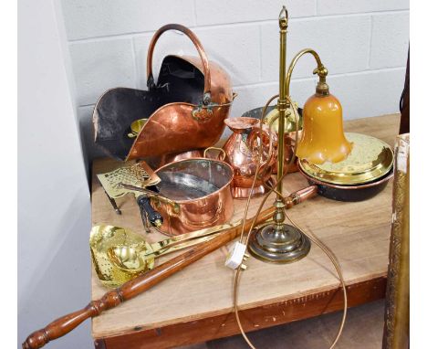 19th Century and Later Metalware, including: copper pans, brass trivet, brass chestnut roaster, copper coal scuttle etc., and