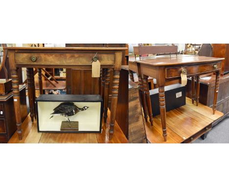 Pair of 19th Century Crossbanded Mahogany Bow Front Side Tables, each fitted with a drawer and supported by turned tapering l