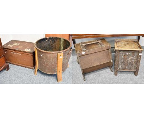 A Large Copper Log Bin, with later added wooden legs, together with a pine chest, butter churn and an Arts and Crafts coal bo