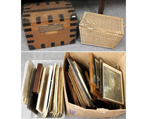 Assorted Prints, Pictures and Other Items, comprising a two fold scrap screen, a wicker baby layett with lift out tray and a 