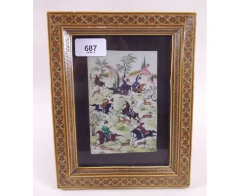 A Mughal style picture of hunting scene in inlaid frame