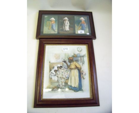 A set of three Kinsella cricket postcards framed as one and a print 'The Night Before Christmas' by Brundage