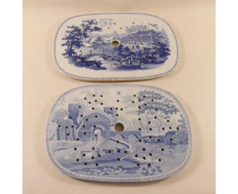 A Victorian Spode strainer dish printed castle and another 'Opaque China'  'Chinese Marine' strainer dish - possibly Minton