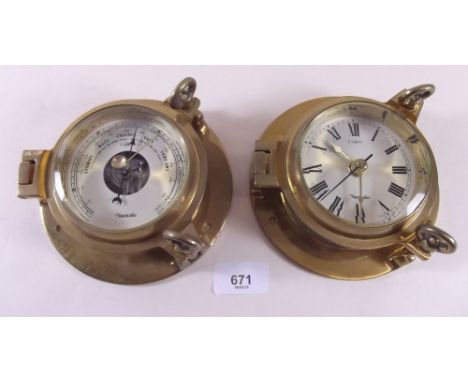 A matching pair of 'cabin' ships style brass clock and barometer 