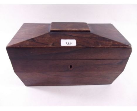 A Regency rosewood tea caddy with fitted interior and blue glass mixing bowl