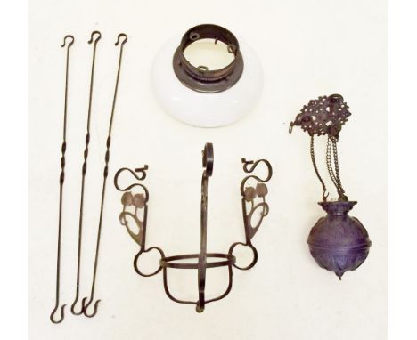 An Edwardian Art Nouveau counterweight oil lamp light fitting with iron and copper stylised foliage decoration - lacking rese