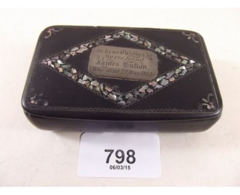A Victorian lacquer snuff box with mother of pearl inlay and white metal engraved presentation - dated 1873