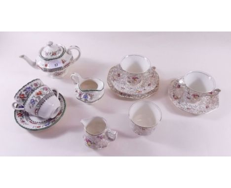 A Copeland  'Chinese Rose teapot, two cups and saucers and jug and other teaware